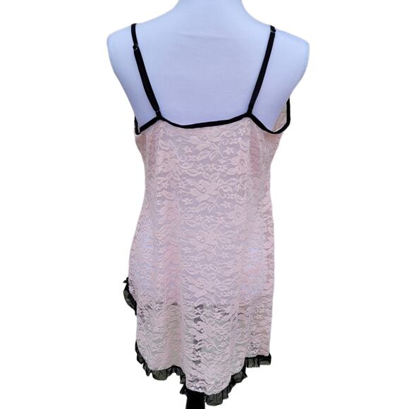 Pink Lace Chemise Slip Nightie with Black Lace Trim Bow Vent Keyhole Neckline - Picture 7 of 9